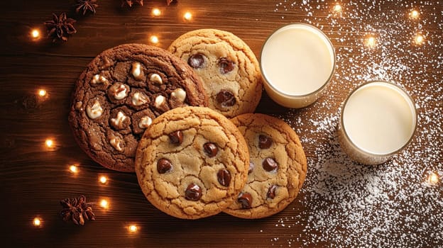 Delight in top view of assorted freshly baked cookies paired with milk, creating cozy and inviting atmosphere perfect for sharing.