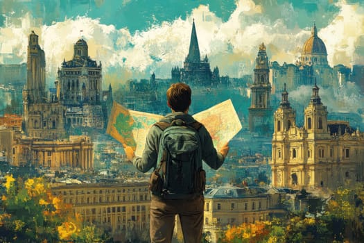 traveler holding map, gazing at stunning cityscape filled with historical architecture and vibrant colors. scene evokes sense of adventure and exploration.