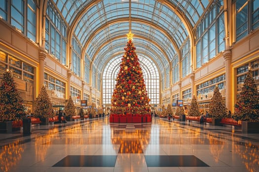 festive airport terminal decorated for holiday season, featuring large Christmas tree adorned with lights and ornaments, surrounded by smaller trees and bright, spacious atmosphere.