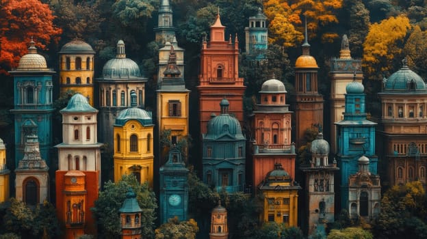 Colorful buildings in vibrant cityscape with unique architecture and lush greenery. scene captures blend of historical and artistic styles, evoking sense of wonder and exploration.