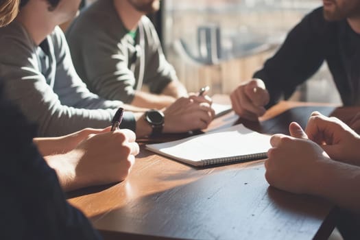 A cozy office scene showcasing a group of individuals engaged in a collaborative discussion. Hands are seen holding pens over a notepad on a wooden table, emphasizing teamwork and creativity.