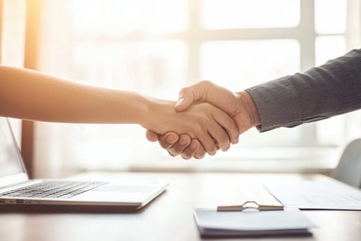 A close-up of a business handshake symbolizes agreement and collaboration in a modern office setting. A laptop is visible on the table, enhancing the professional atmosphere.