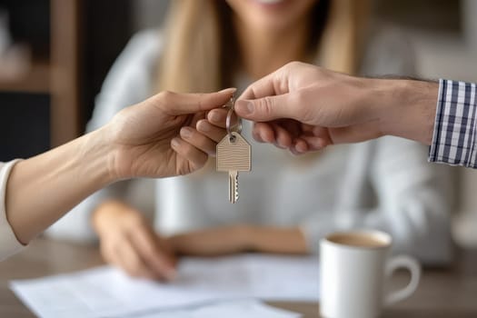 Hands exchanging a key symbolize a significant transfer of ownership. Background with coffee and documents enhances a business setting, illustrating collaboration.