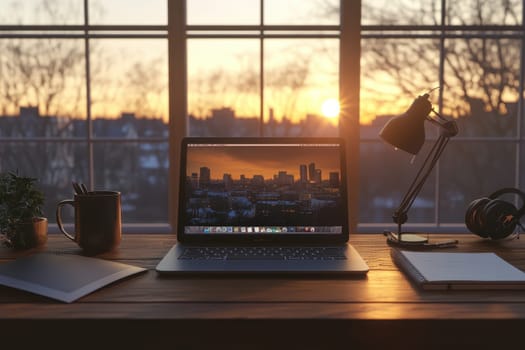 A cozy workspace featuring a laptop on a wooden desk with a beautiful sunset visible through the window, creating a warm and inspiring atmosphere for creativity and productivity.