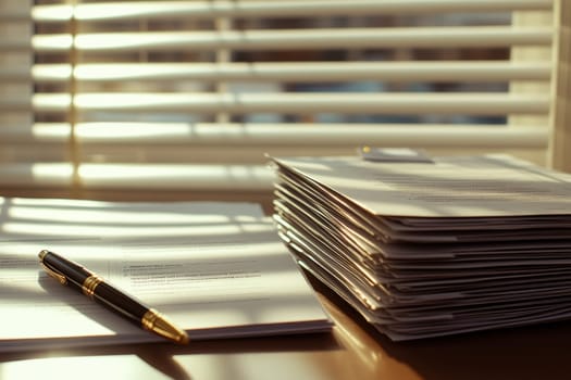 A well-organized stack of documents rests on a table next to a luxurious pen. Soft light filters through window blinds, creating gentle shadows in an office.