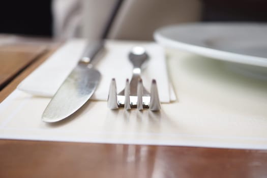 This image shows a closeup view of an elegant place setting with silverware and a plate