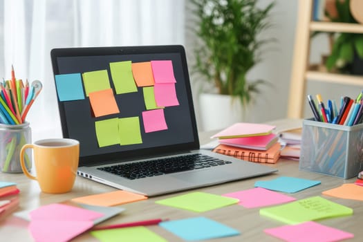 A vibrant workspace featuring a laptop adorned with colorful sticky notes, creative stationery, and a coffee mug. This setting inspires productivity and organization.