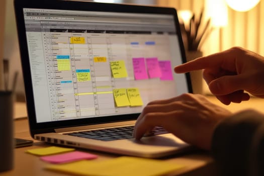 A close-up of hands working on a laptop with colorful sticky notes on a project management calendar, reflecting an organized and productive workspace.