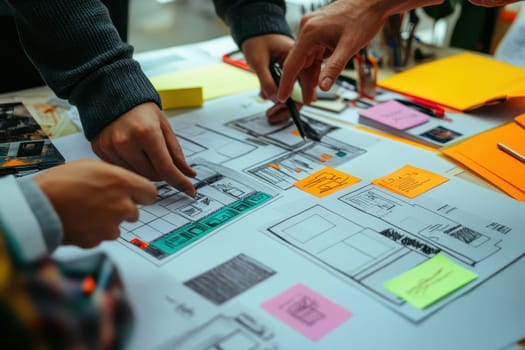 Team members engaged in a collaborative brainstorming session, analyzing architectural blueprints and sharing creative design ideas at a workspace.