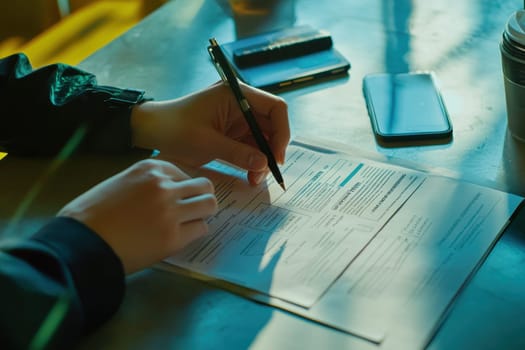 A close-up view of a person's hand writing on a document with a pen on a table. A phone and coffee cup accompany the scene, creating a productive atmosphere.