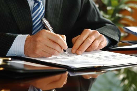 A businessman is focused on writing important documents in a professional office setting. The clean surface reflects his intent and dedication to his work.