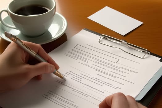 A close-up view of a hand writing on a document with a focused expression. A cup of coffee sits thoughtfully nearby, creating a cozy atmosphere for productivity.