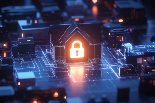 A futuristic digital landscape features a house with a glowing locked symbol, emphasizing the importance of home security in today's tech-driven world.