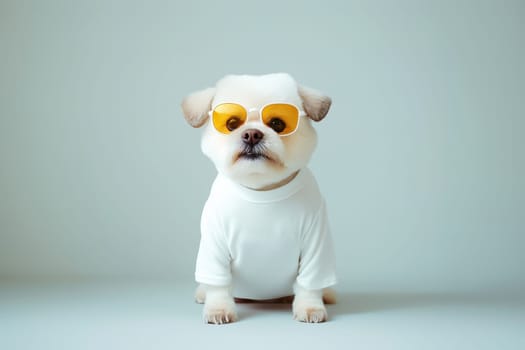 pet dog with glasses wear white shirt for mockup, generative AI.