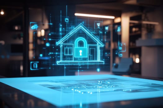 A futuristic digital home security concept features a glowing lock symbol above a virtual model of a house, showcasing modern technology in a stylish interior environment.