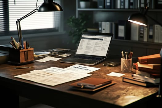 A cozy workspace featuring a laptop, documents, books, and desk lamp, beautifully lit in evening light, creating an inviting atmosphere for productivity and creativity.