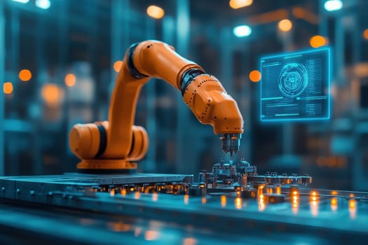 A robotic arm executing precise tasks in a sleek industrial environment, showcasing advanced technology and digital interface for enhanced automation and manufacturing efficiency.