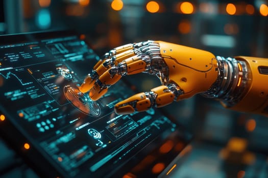 A stunning robotic hand engages with a high-tech touchscreen, showcasing advanced technology and innovation in a vibrant, futuristic setting.