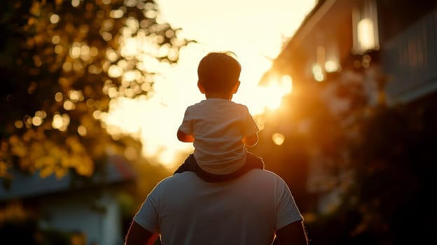 The son is sitting on the father's shoulders and they are looking on the sunset in the field..