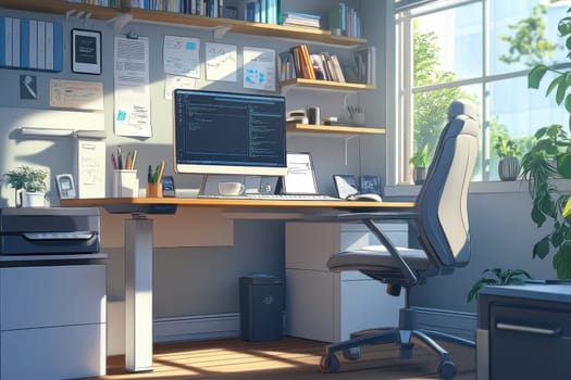 A beautifully arranged modern home office featuring a sleek desk with a computer and ample natural light. The space is inviting and organized, promoting creativity.
