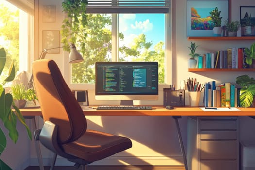 This inviting home office features a well-organized desk with a computer, surrounded by lush plants, bathed in warm sunlight. A perfect blend of nature and productivity.