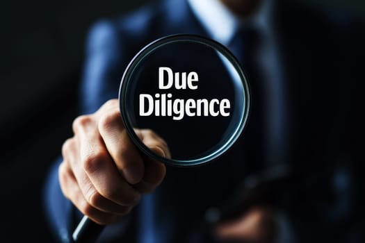 Due diligence concept, Businessman holding a magnifying glass with due diligence icon on virtual screen..