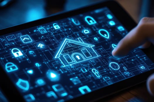 A close-up view of a hand interacting with a tablet displaying a digital home automation interface. Security symbols and connected icons illustrate modern technology in action.