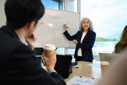 Confident senior female project manager explaining new corporate business plan at meeting.