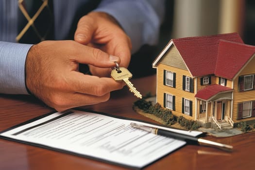 A close-up image showcasing hands holding a house key beside a model home and real estate documents, symbolizing a property transaction.