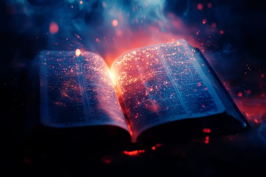 An open Bible with rays of light coming out of it. Generative AI..