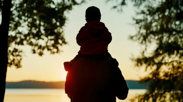 The son is sitting on the father's shoulders and they are looking on the sunset in the field..