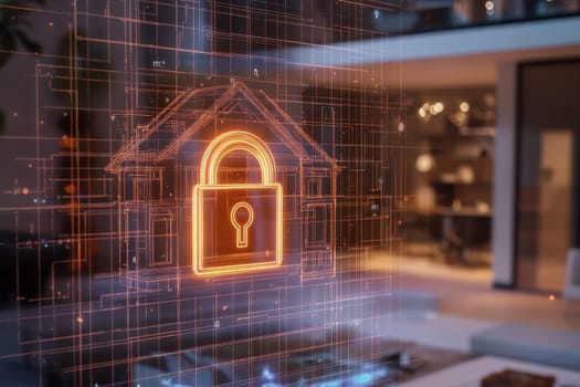 This image showcases a digital lock icon integrated into a modern home environment, symbolizing advanced home security technology and data protection.