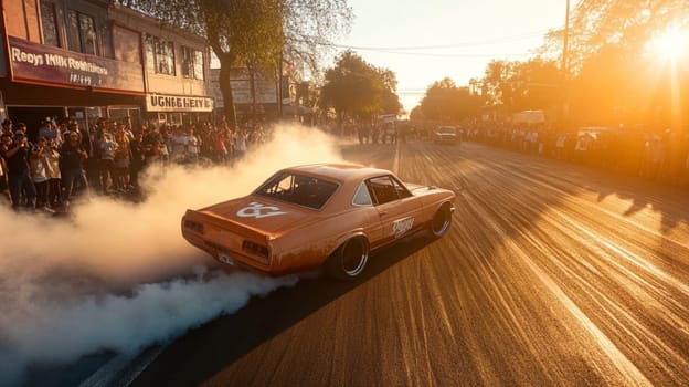 Pink muscle car revs its engine, creating smoke as a crowd cheers at an event. The vibrant sunset adds excitement to this dynamic scene of automotive passion in california's urban streets