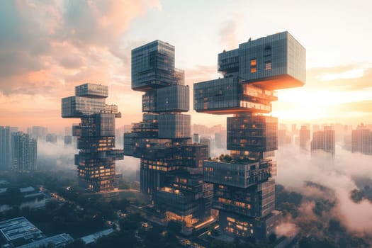 A captivating view of futuristic buildings with unique geometric designs rising above the cityscape at sunrise, blending modern architecture with a serene atmosphere.