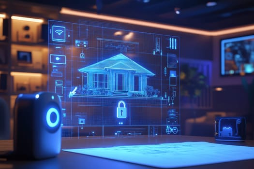 A futuristic smart home concept displayed in a digital interface, showcasing security features and advanced technology for home automation.