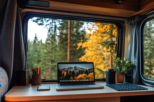 A cozy workspace in a camper van features a laptop, plants, and a stunning nature view. Perfect for remote work in a serene environment.