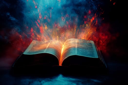 An open Bible with rays of light coming out of it. Generative AI..