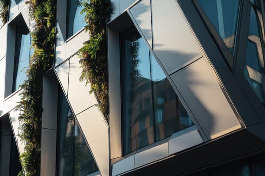 Explore the striking facade of a modern building adorned with greenery and reflective glass, showcasing innovative architectural design.