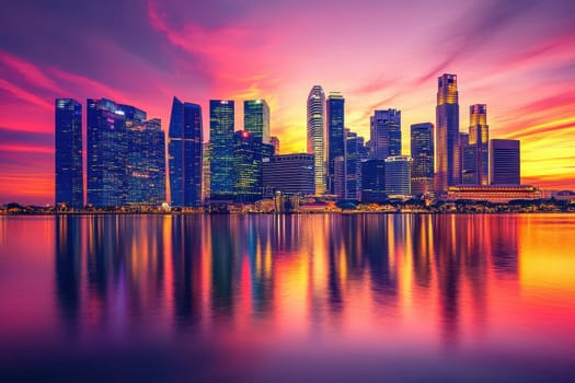 A breathtaking view of a city skyline at sunset, showcasing colorful reflections in the water with dramatic clouds overhead. Perfect for travel themes.