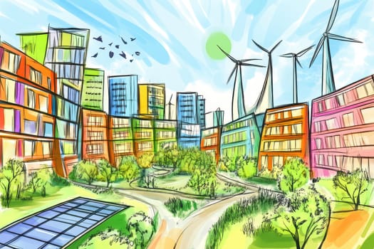 This vibrant illustration depicts a sustainable urban landscape featuring wind turbines, colorful buildings, and lush green spaces, emphasizing harmony with nature.