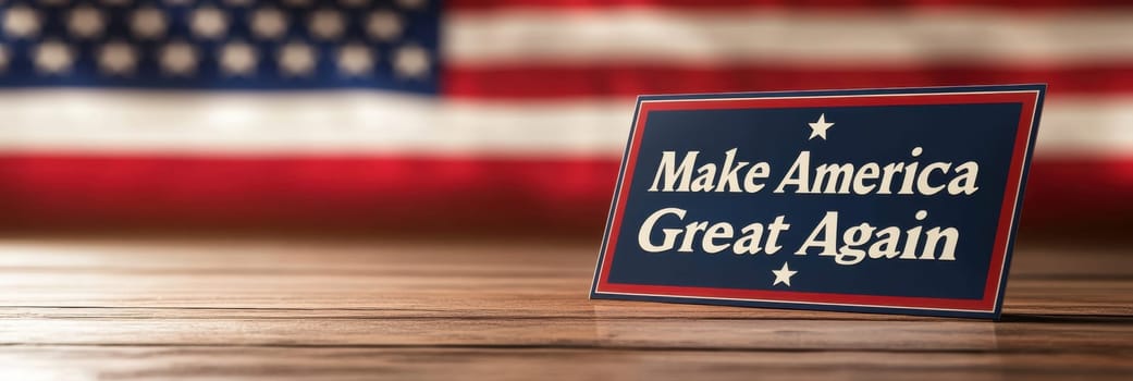 A Patriotic Sign Displaying Make America Great Again in Front of a Large American Flag Background.