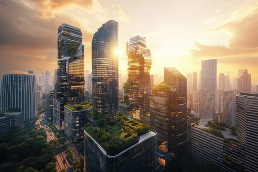 A stunning modern skyline at sunset showcasing tall skyscrapers with greenery integrated into their design. This vibrant cityscape highlights urban innovation and sustainable architecture.