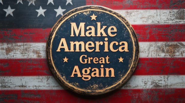 Rustic Wooden Sign With Phrase Make America Great Again Over Distressed American Flag.
