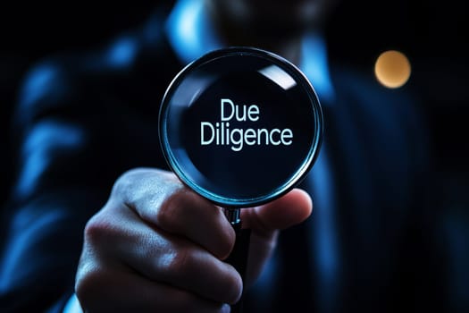 Due diligence concept, Businessman holding a magnifying glass with due diligence icon on virtual screen..