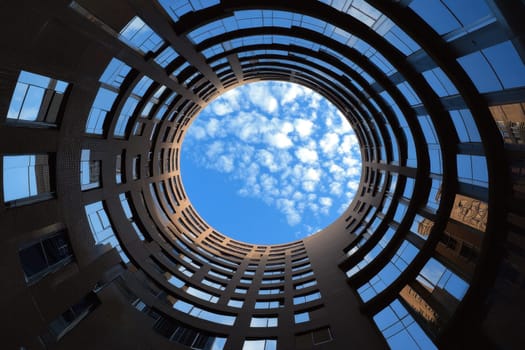 Unique perspective of an open sky visible through a circular architectural structure, showcasing modern design and vibrant clouds against blue.