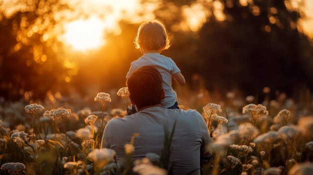 The son is sitting on the father's shoulders and they are looking on the sunset in the field..