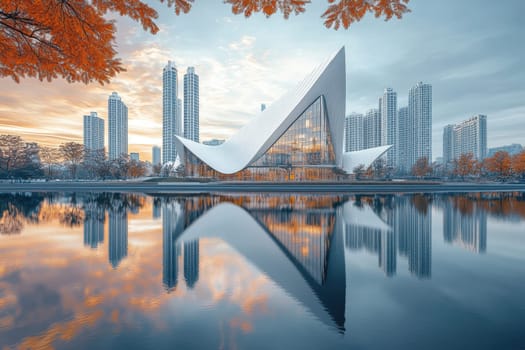 A striking modern building surrounded by a tranquil body of water, with autumn leaves framing the scene, capturing the beauty of urban architecture.