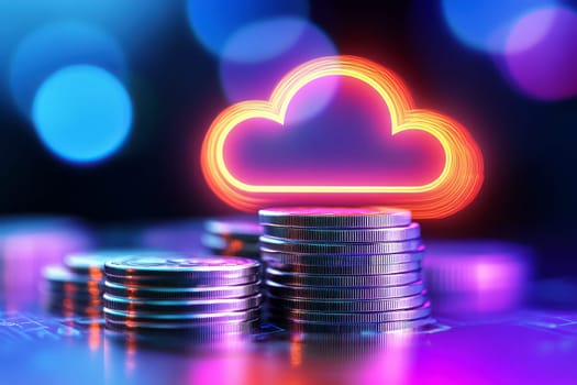 Stacks of coins with a cloud icon symbolize cloud financial planning, highlighting cost management and budgeting in cloud computing. High quality illustration