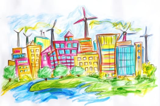 A colorful hand-drawn urban landscape featuring various buildings, wind turbines, and green spaces, highlighting sustainability and modern design in an eco-friendly setting.