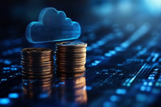 Stacks of coins with a cloud icon symbolize cloud financial planning, highlighting cost management and budgeting in cloud computing..